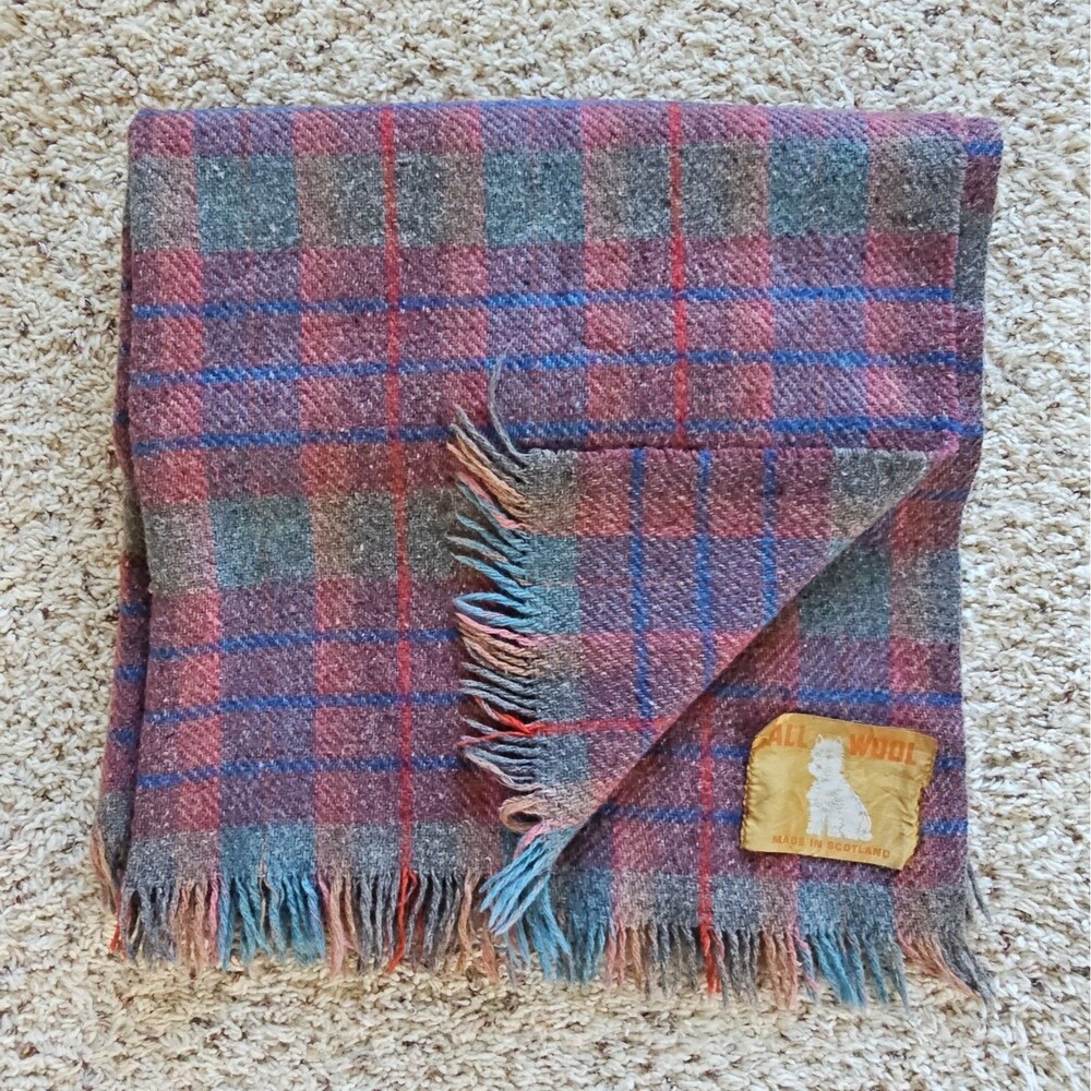 Vintage Tartan Plaid Scotland Wool Fringed Baby Blanket Scottish Terrier Tag